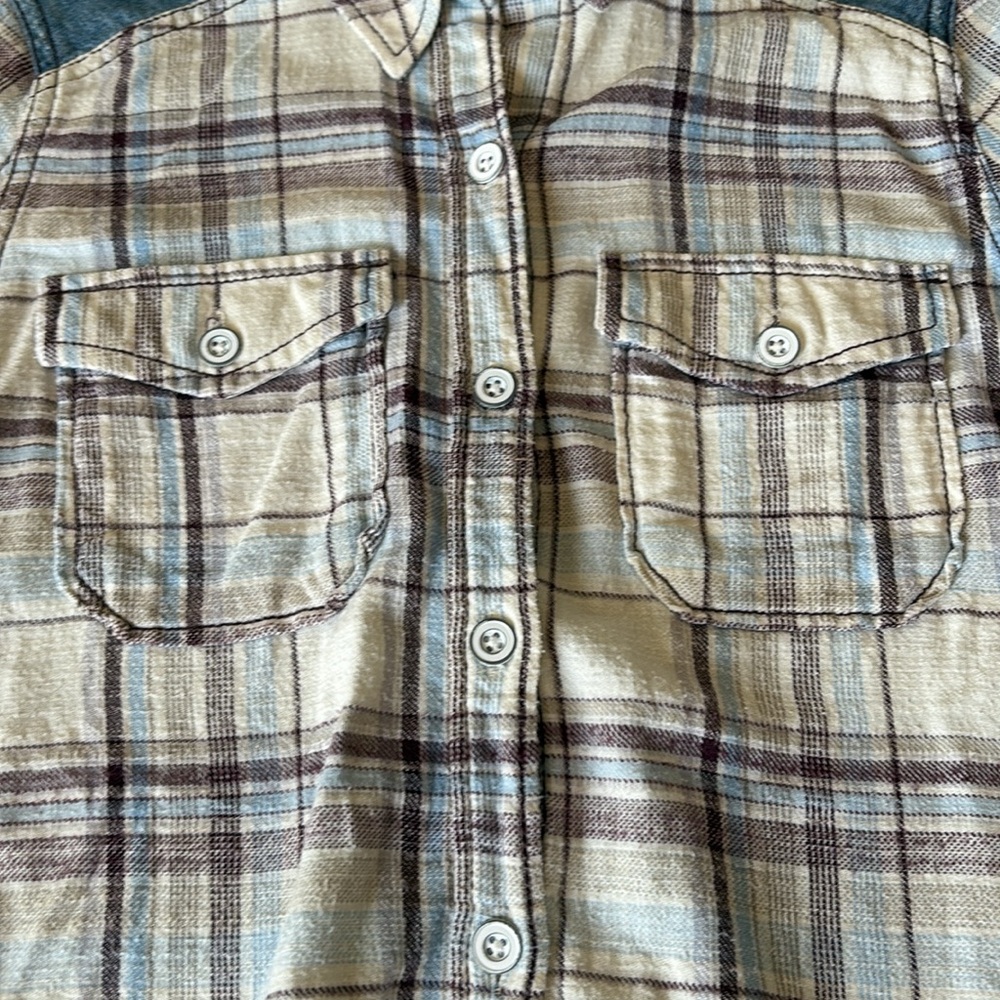 Free People Blue and Brown Button Down Shirt with Denim Size Medium - Picture 3 of 7